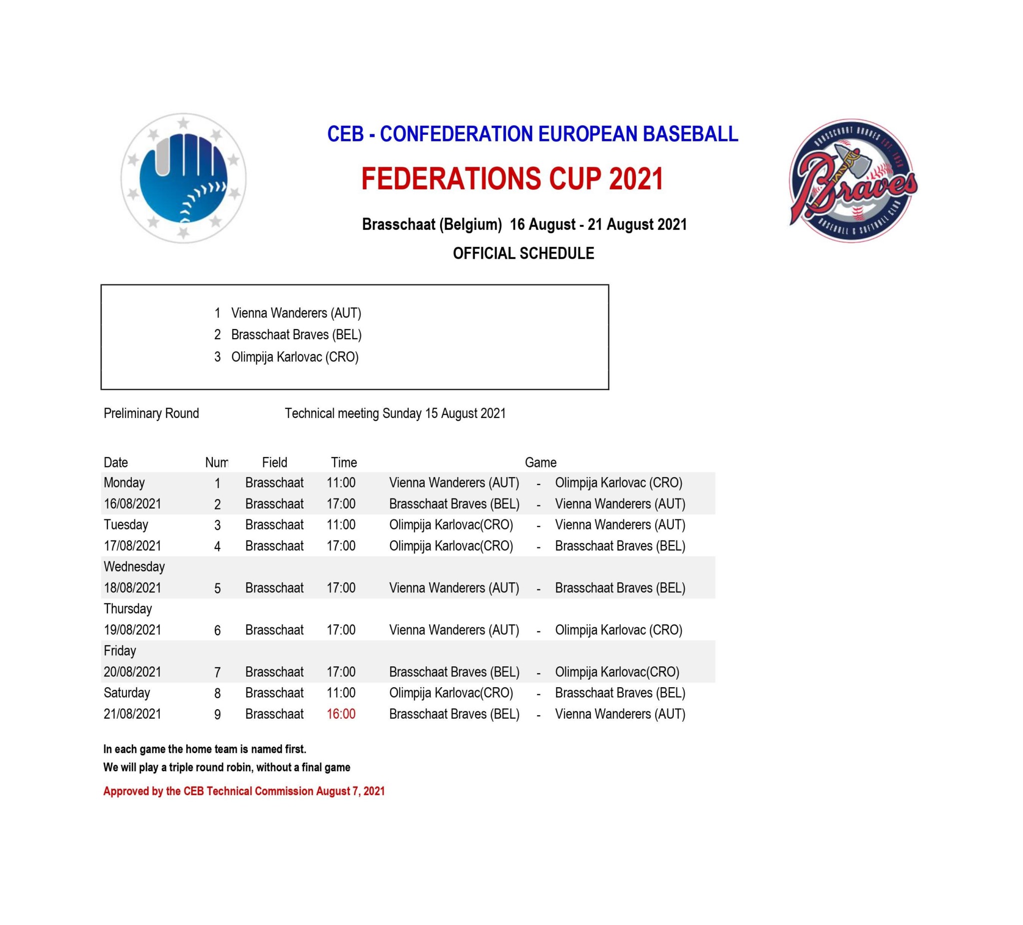 game schedule Fed Cup 2021 KBBSF FRBBS